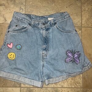 Denim Shorts with Butterfly and Emoji Patches